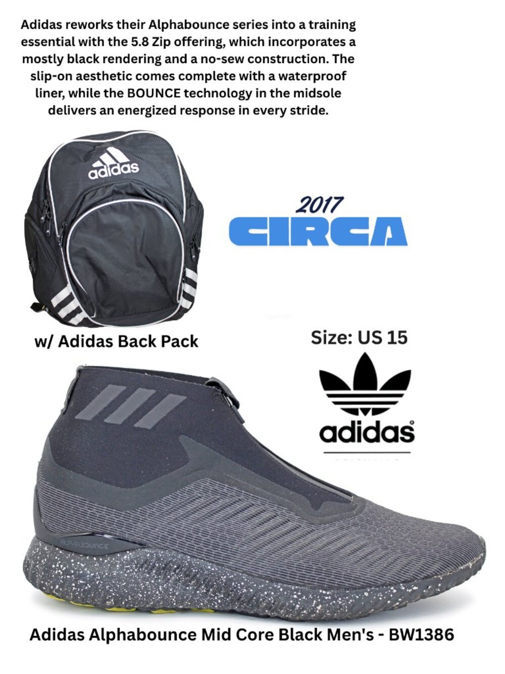 Adidas Alphabounce Mid Core Black Men's - BW1386 w/ Adidas Back Pack